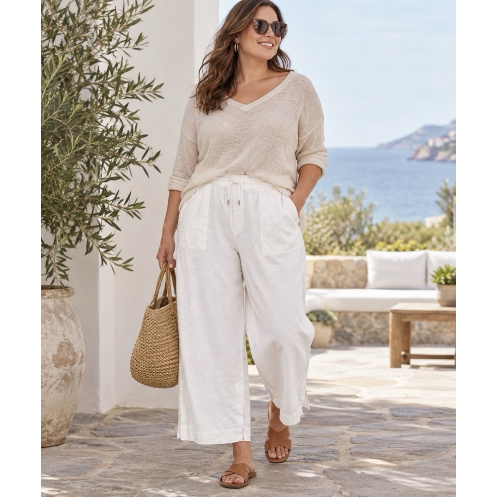 Athleta Size 22 Retreat Linen Wide Leg Pant Pull On Pockets Cala Lily White